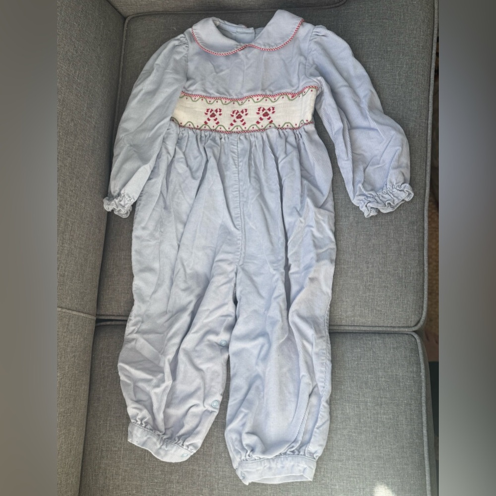 Little English Candy Cane Blue Corduroy Smocked Romper-3T